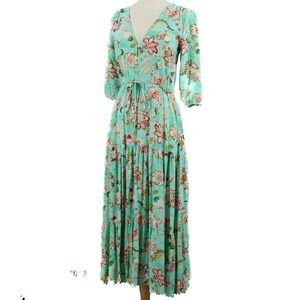 Sunday Mi Amor Anthropologie Maxi Dress Tiered Mint Floral Boho Cottagecore XS